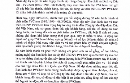 Thư chúc mừng nhân kỷ niệm 32 năm ngày thành lập Tổng công ty PVChem